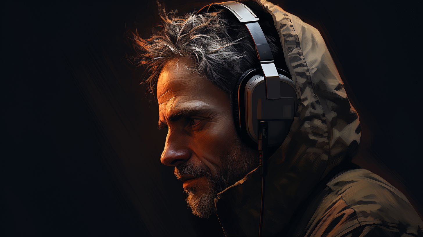 Man Wearing Old Headphones with Tears