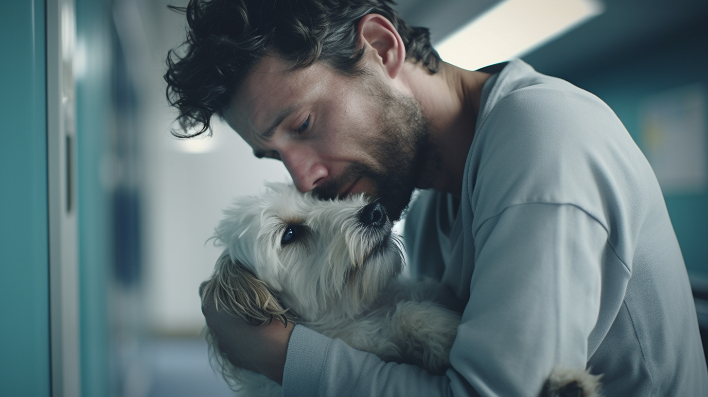 Man holding sick dog in tears