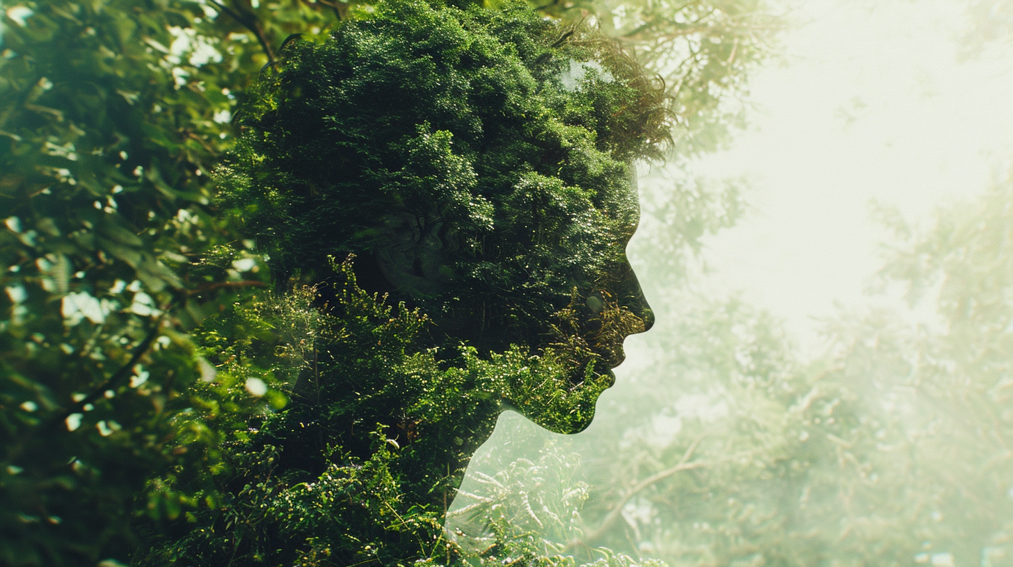 Man thinking about green energy in forest