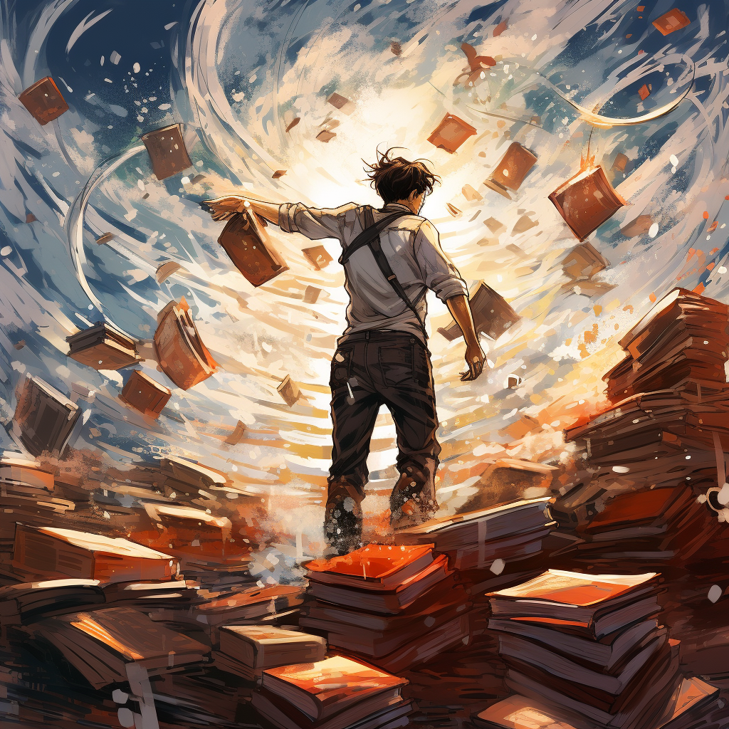 Man throwing books on water with chaos in abstract illustration