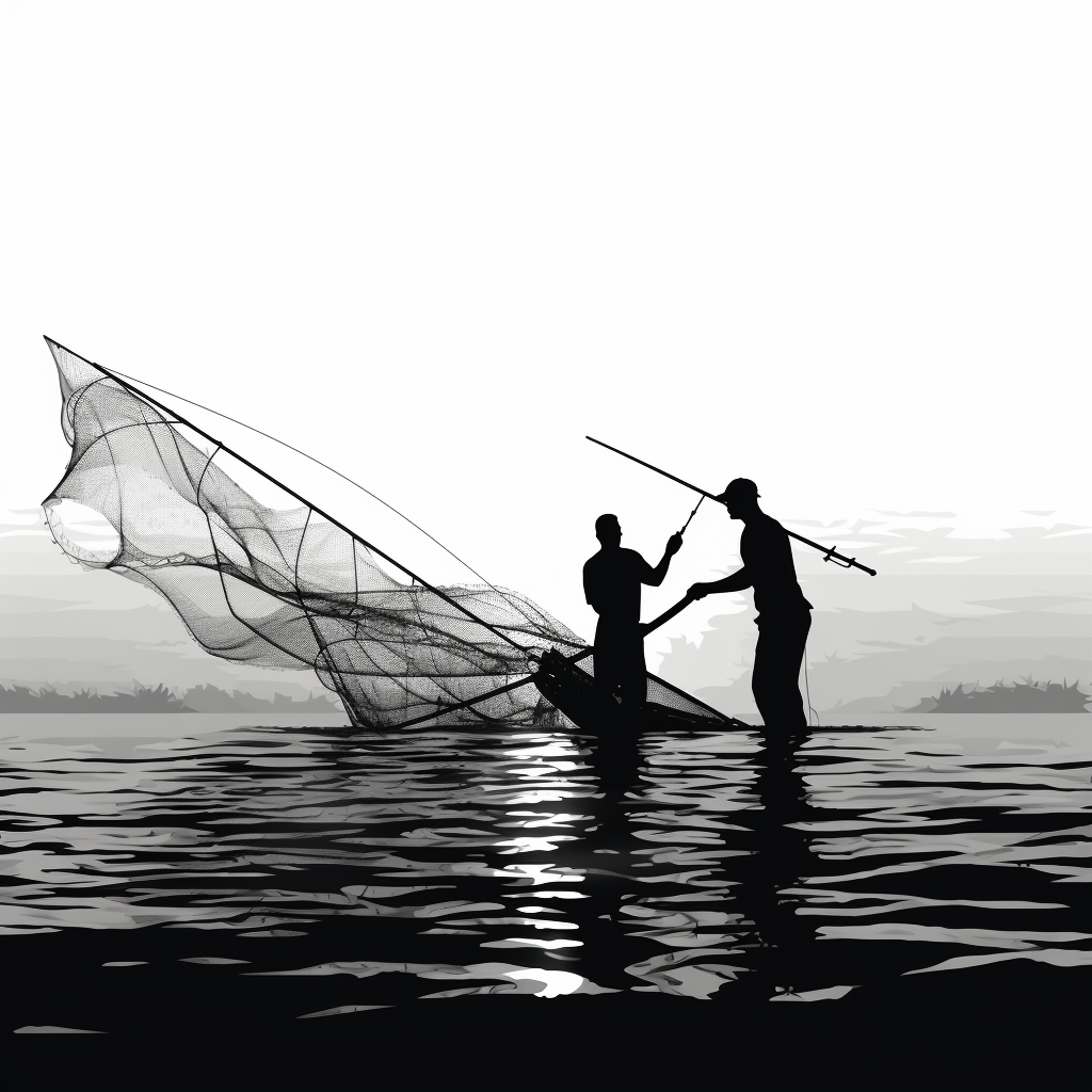 Silhouette of a fisherman casting a net