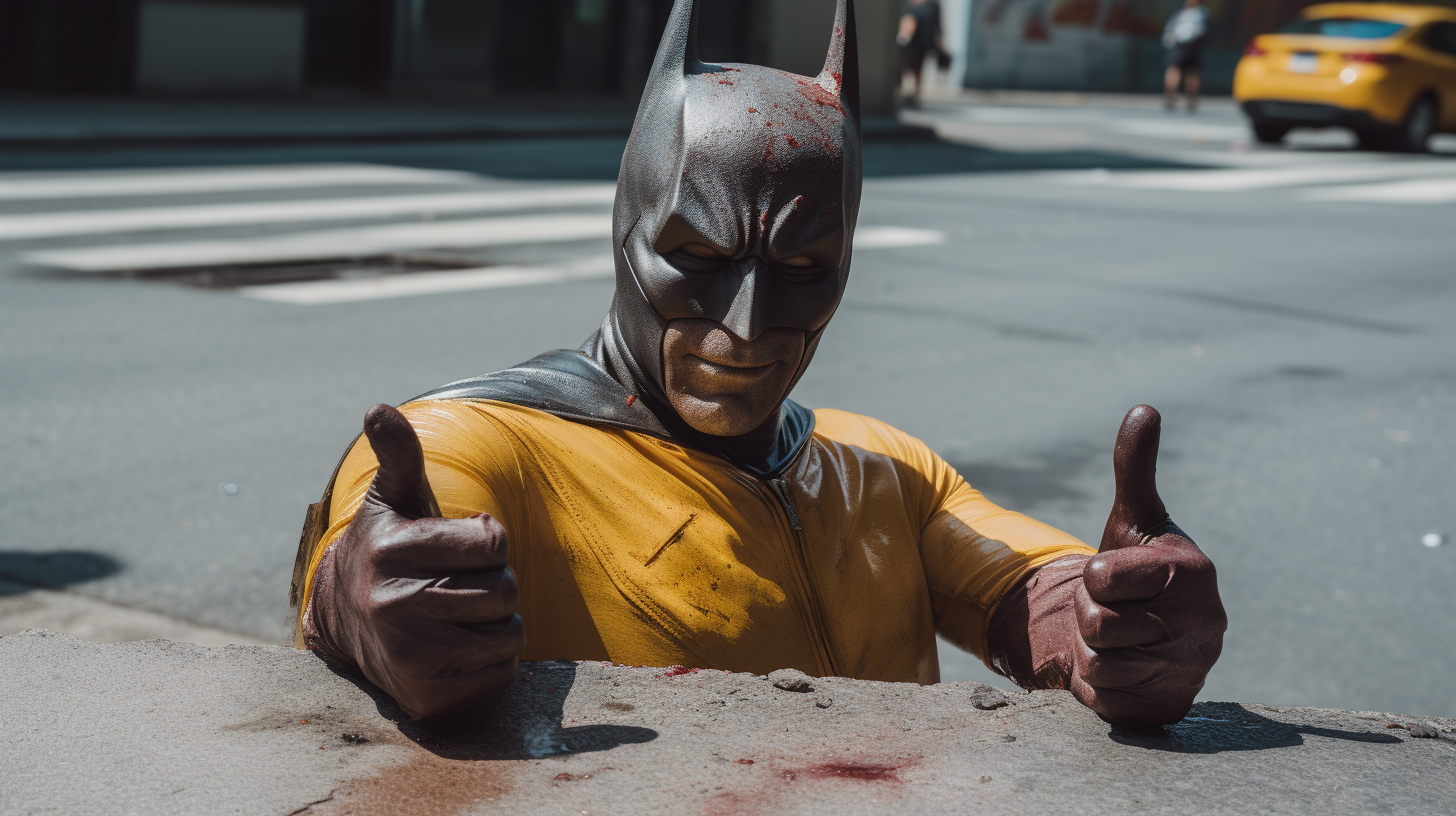 Dead man with thumbs up emoji on NYC street