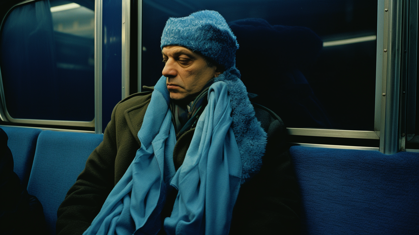 Man wearing blue scarf on train