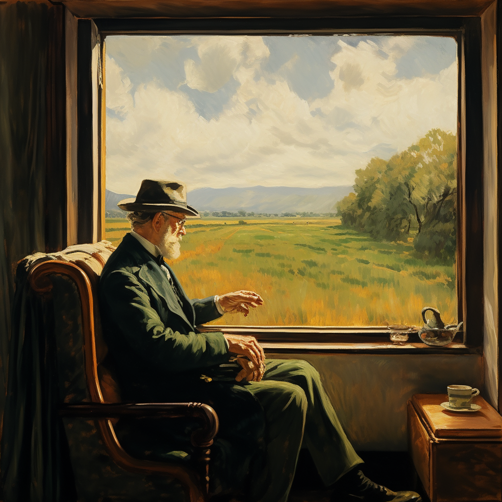 Man watching countryside pass through train window