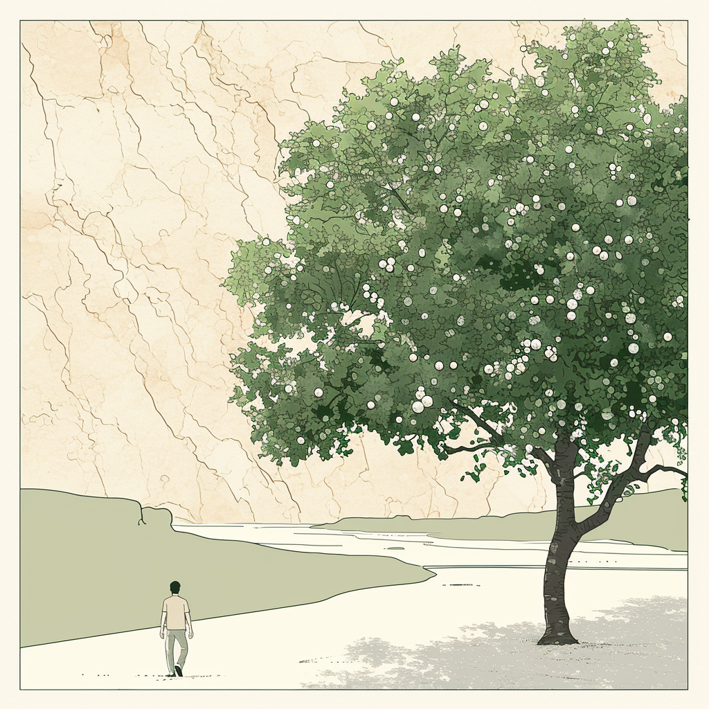 Man walking towards tree with white fruit