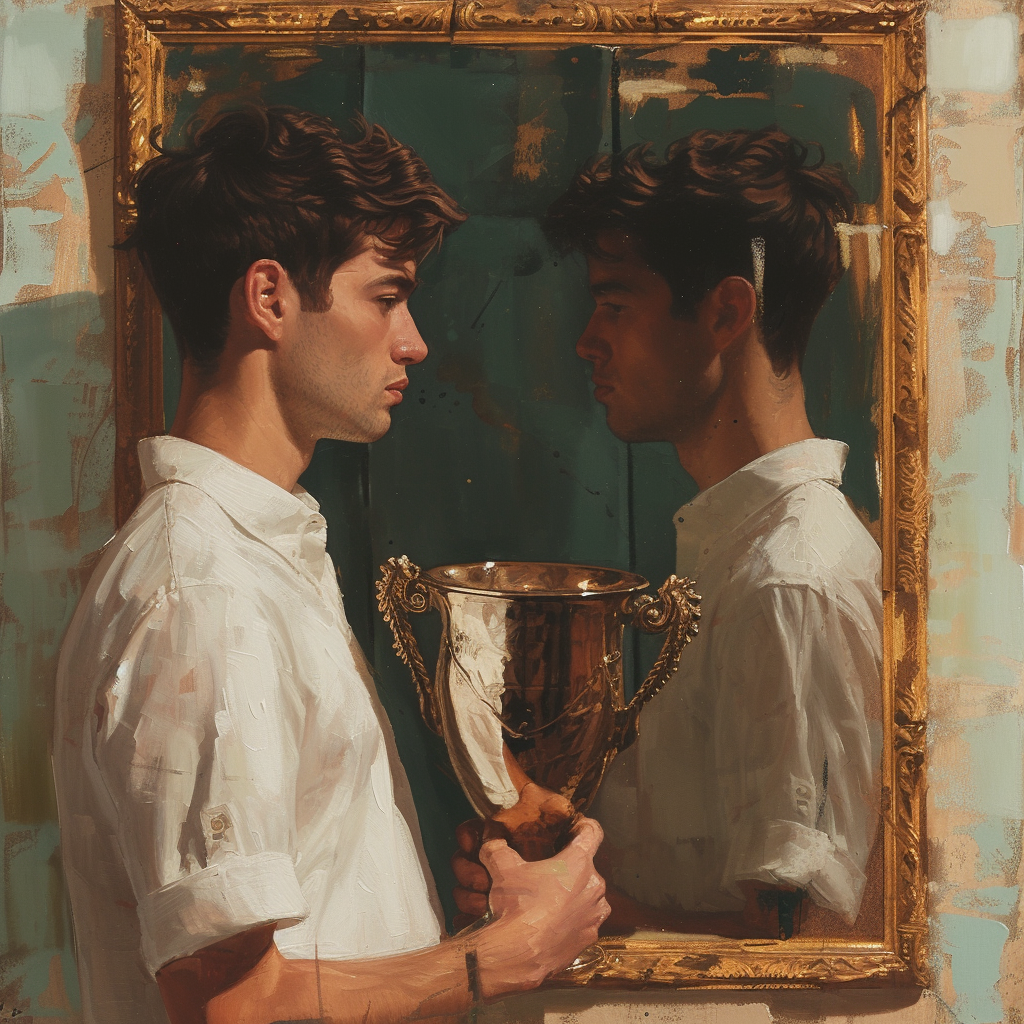 man admiring himself trophy reflection