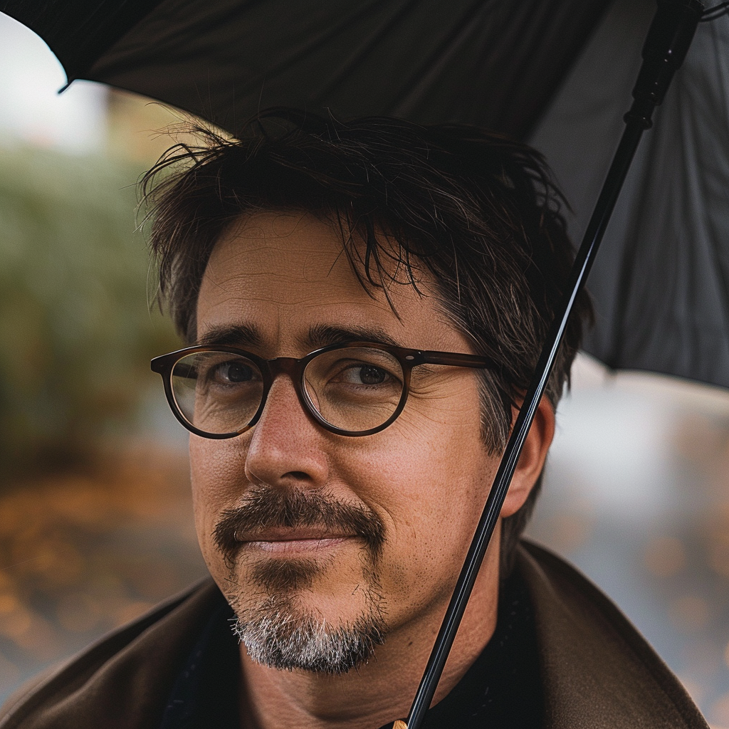 man holding black umbrella smiling