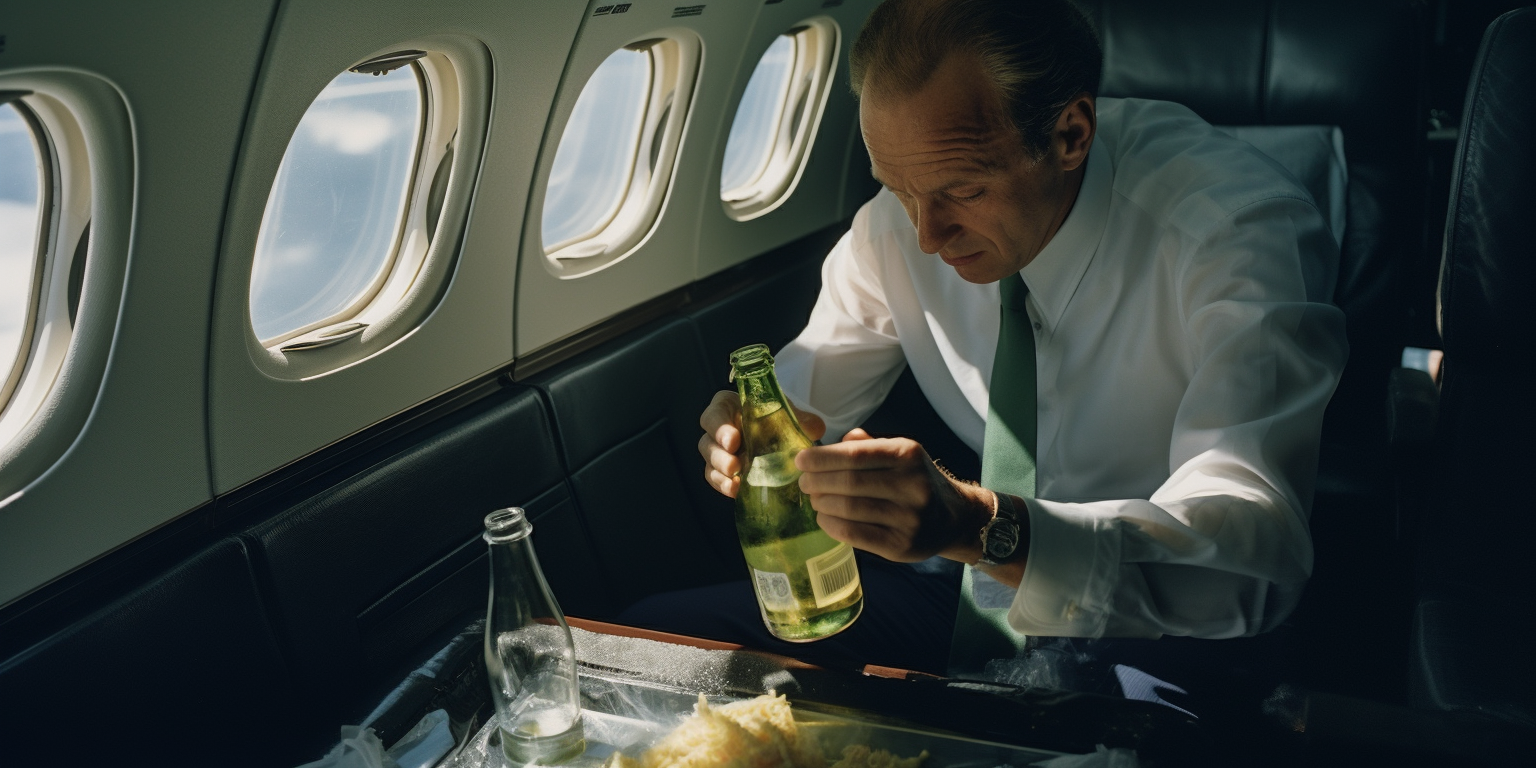 Man uncorking bottle on business jet