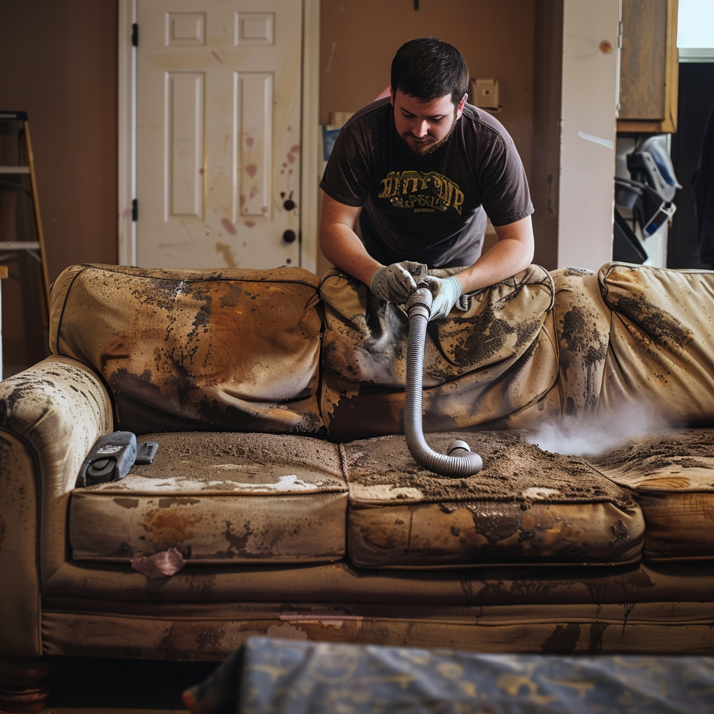 Man Cleaning Dirty Sofa Vacuum