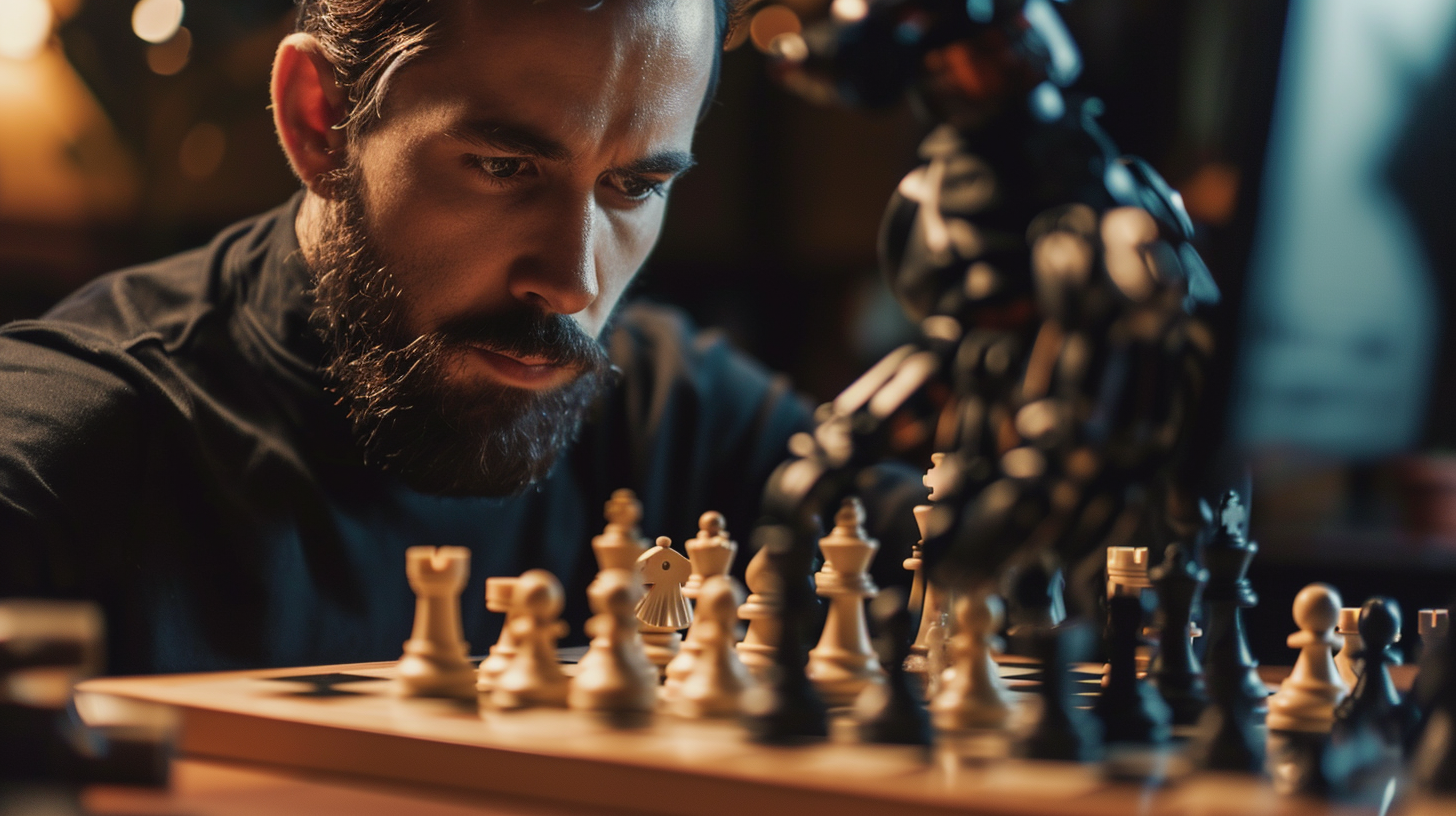 Man playing chess against AI hand