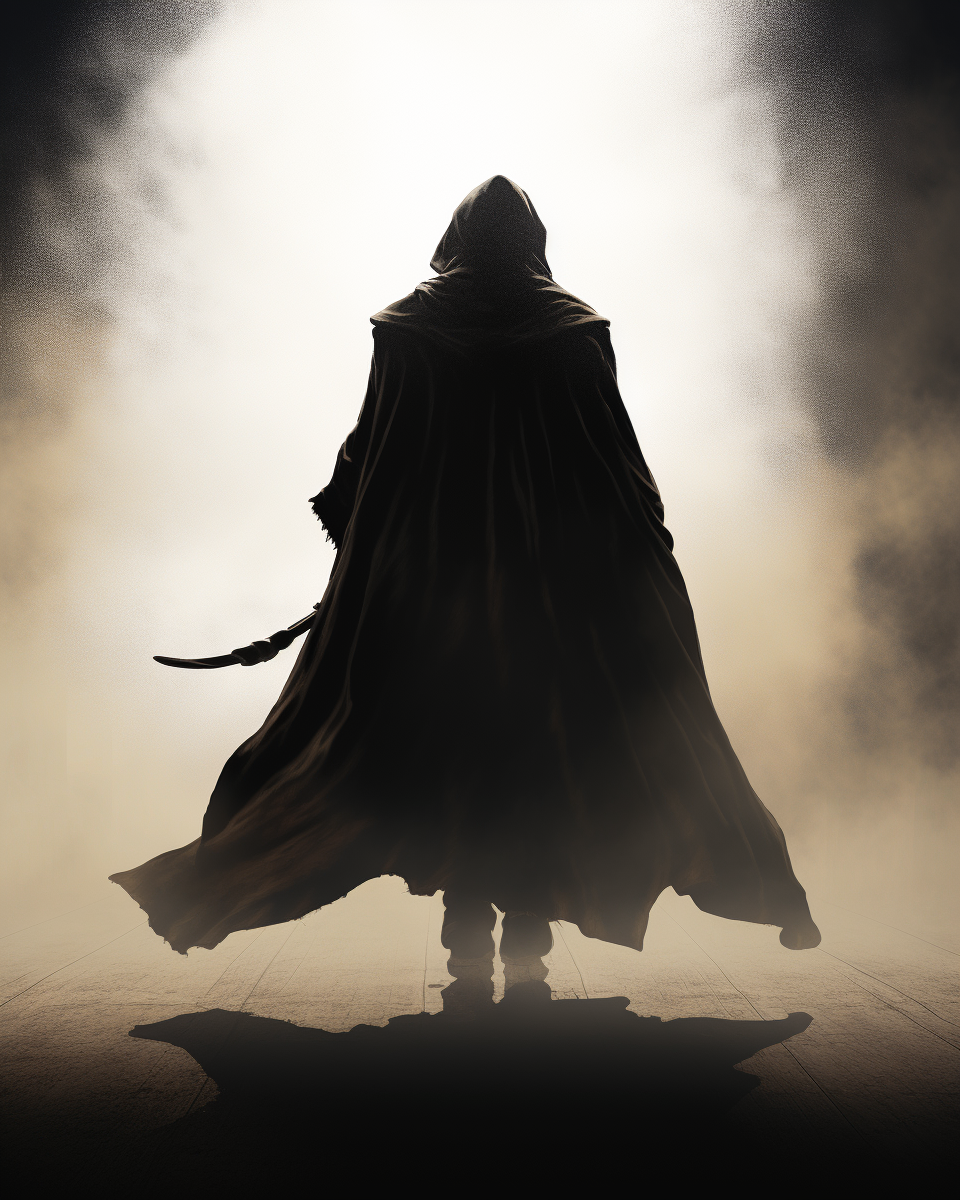 Silhouette of man walking away in travelling cloak