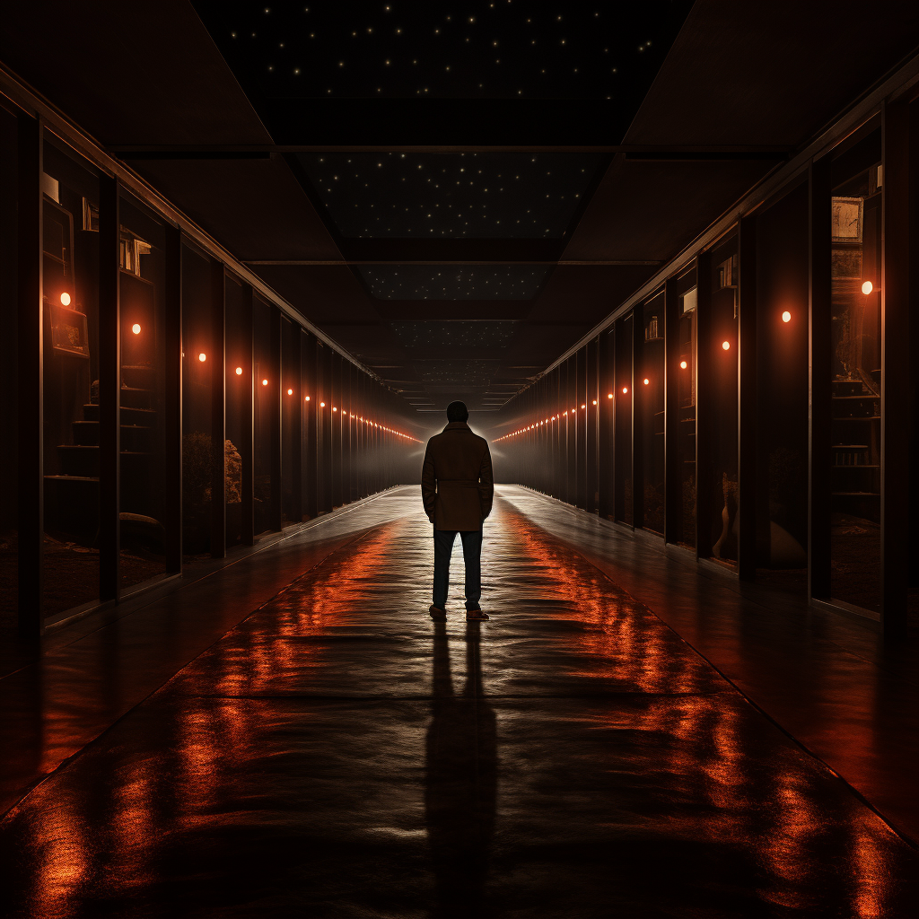 Man walking through a dark hallway