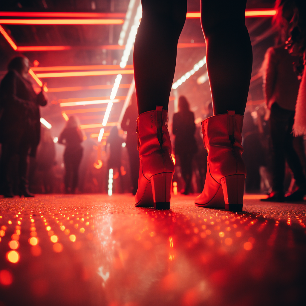 Man walking in high heels at rave club