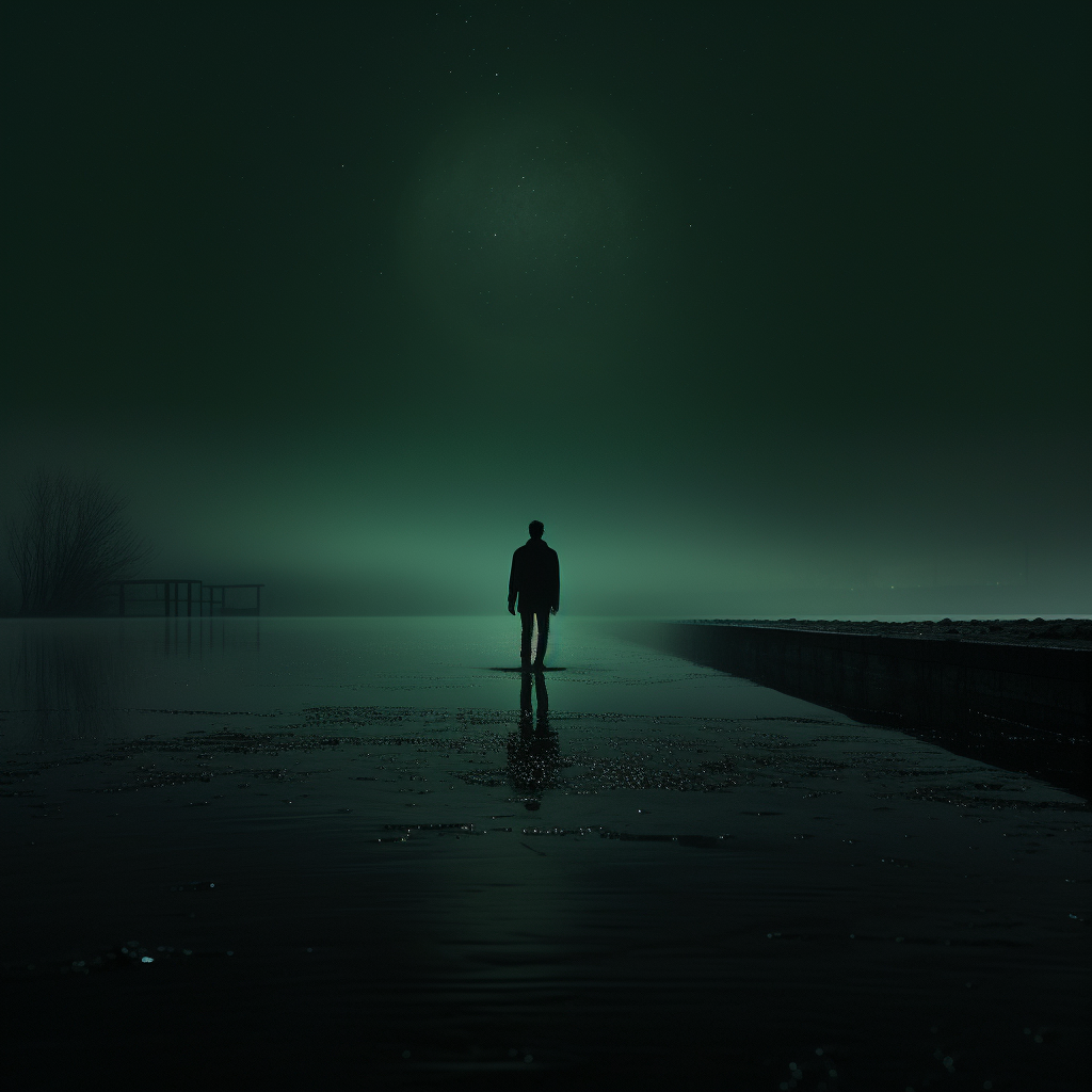 Man Walking in Lake at Night