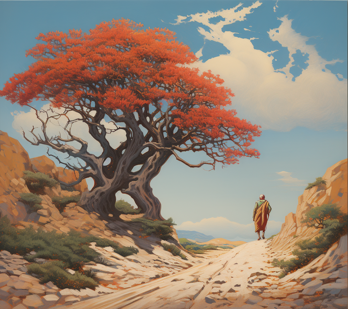 Man walking down a road with a tree