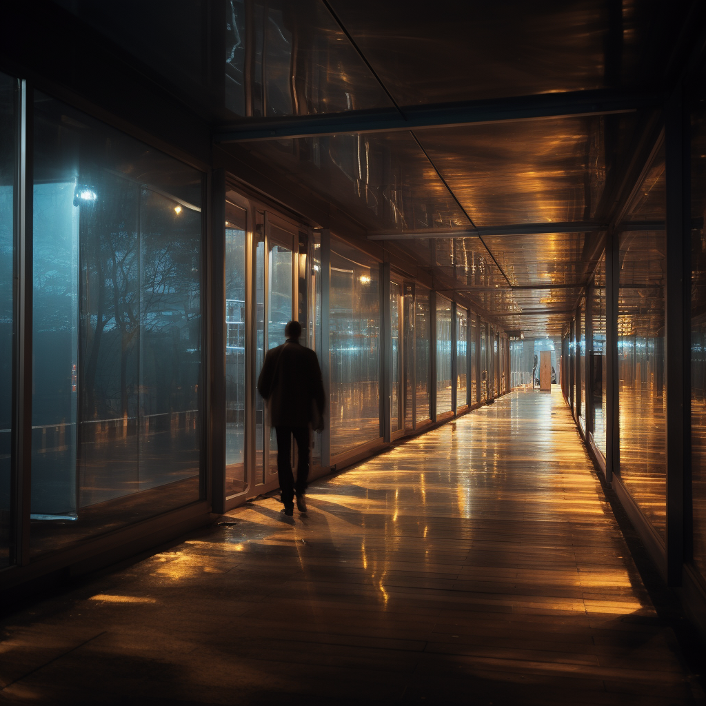 Man walking through glass window classrooms at night