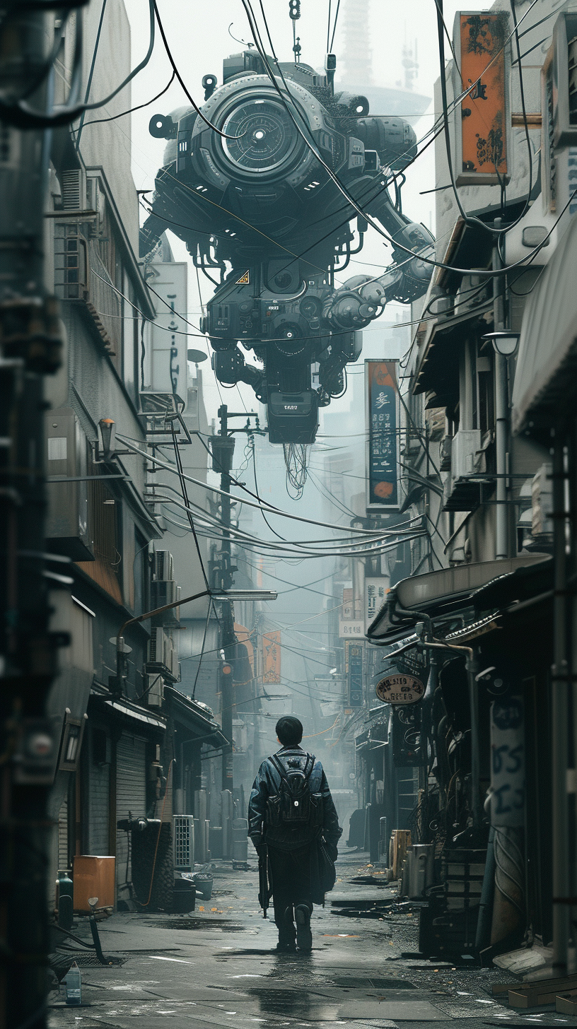 Man walking with robot in Tokyo alley