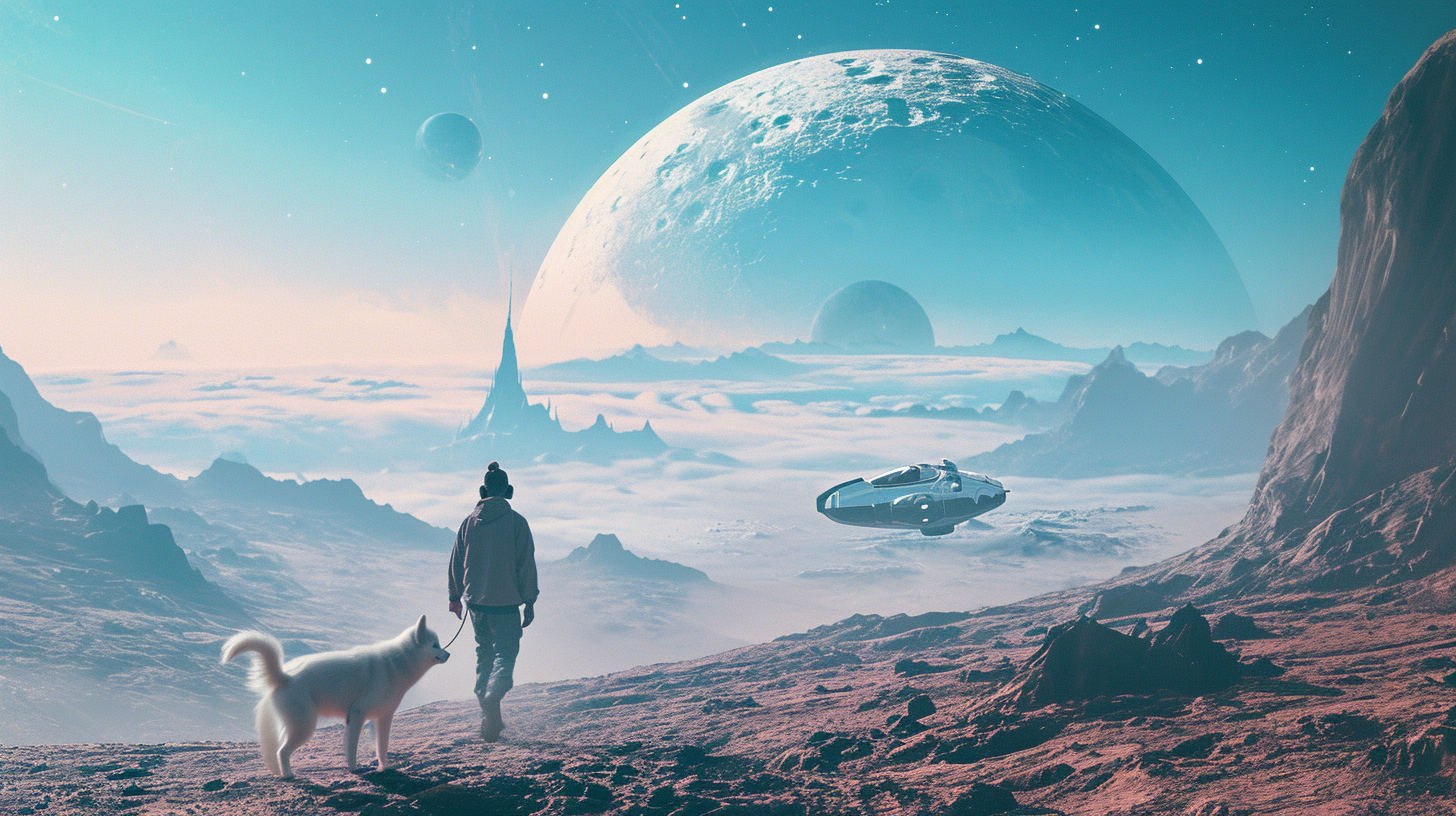 Man and Shiba Inu Walking on Space Planet