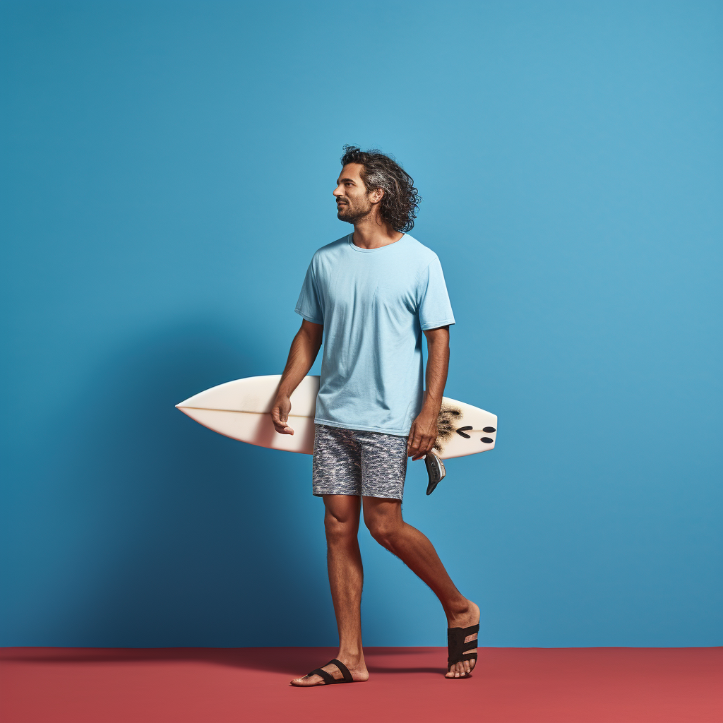 Man walking with surfboard in blue studio