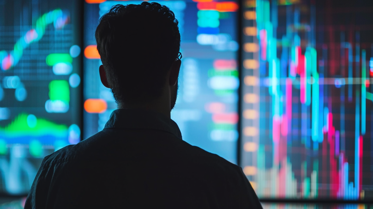 Man watching stocks on AI wall