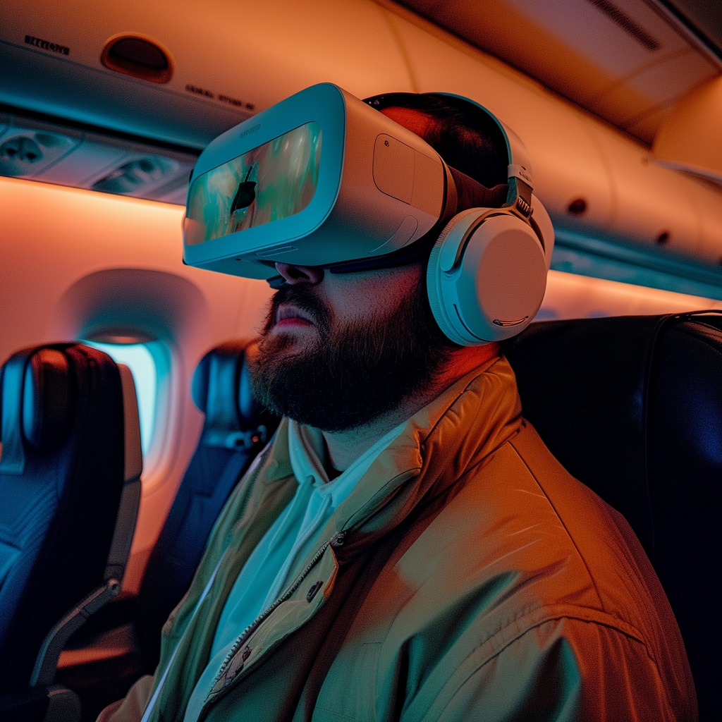 realistic flight photo with man wearing apple vision pro