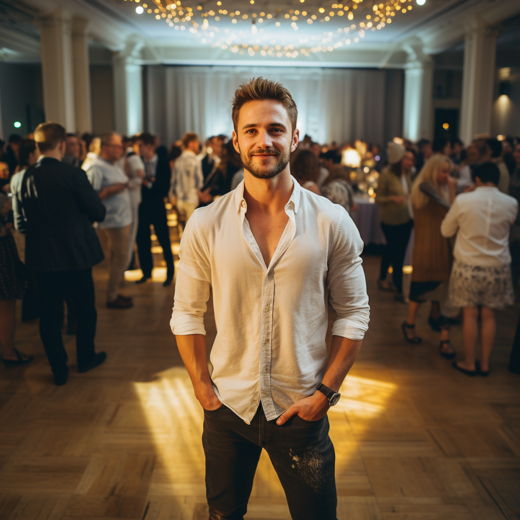 Man in Dirty Tee Shirt and Jeans at Luxury Wedding