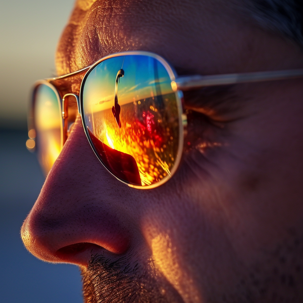 Man's sunglasses reflecting sunset colors