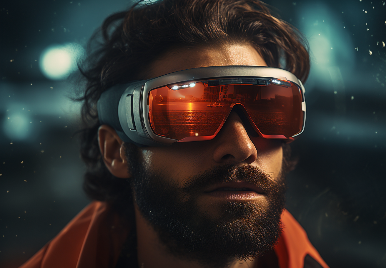 Man wearing virtual goggle on one eye