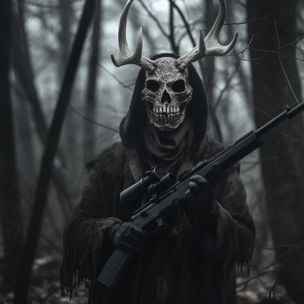 Man with Wendigo Skull in Dark Forest