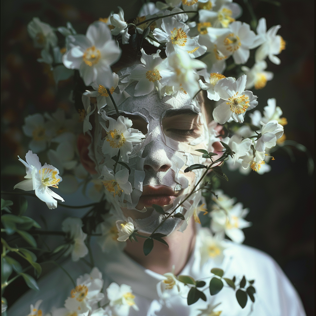 man with flowers on face