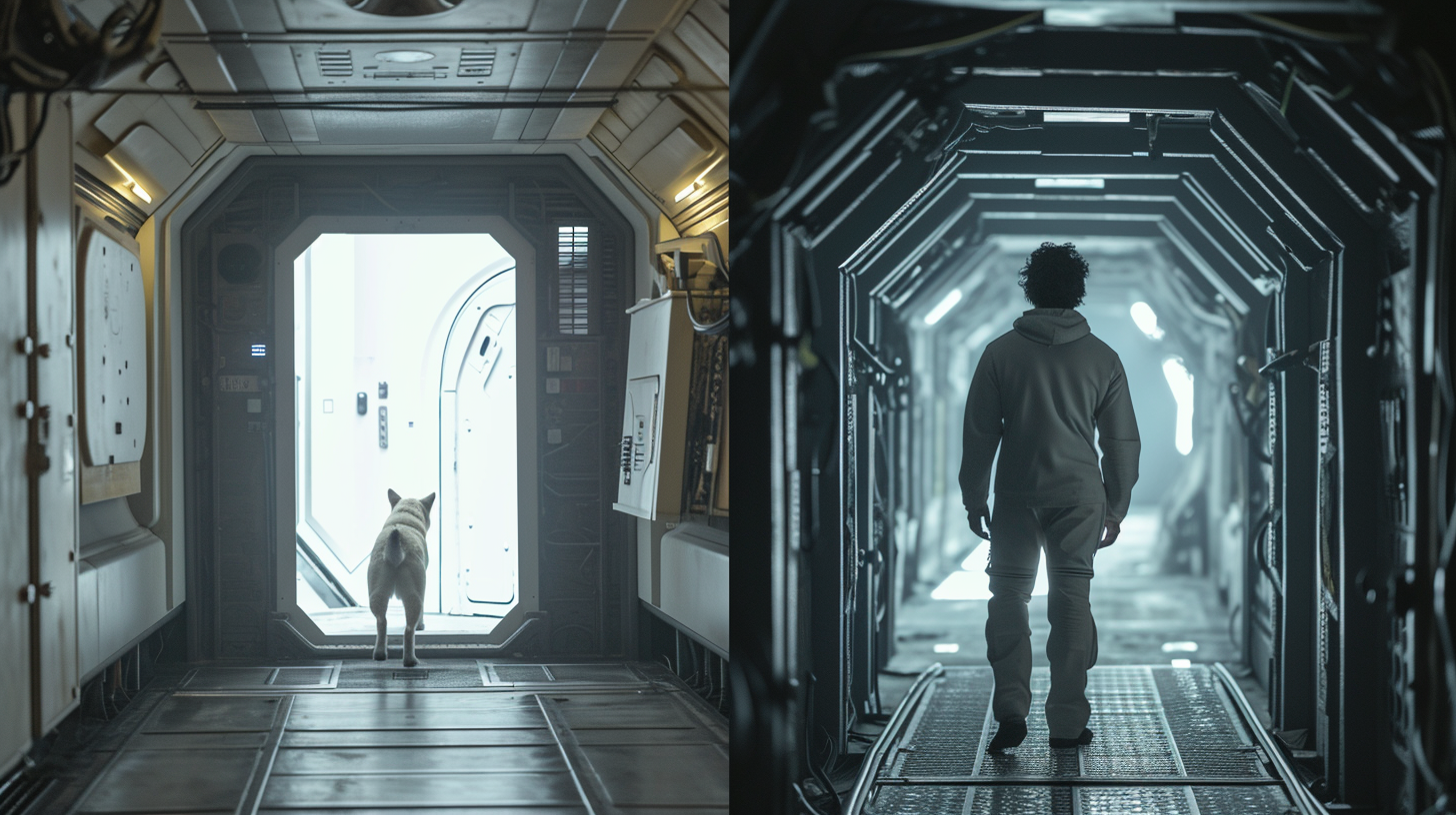 Man and his Shiba Inu leaving spaceship