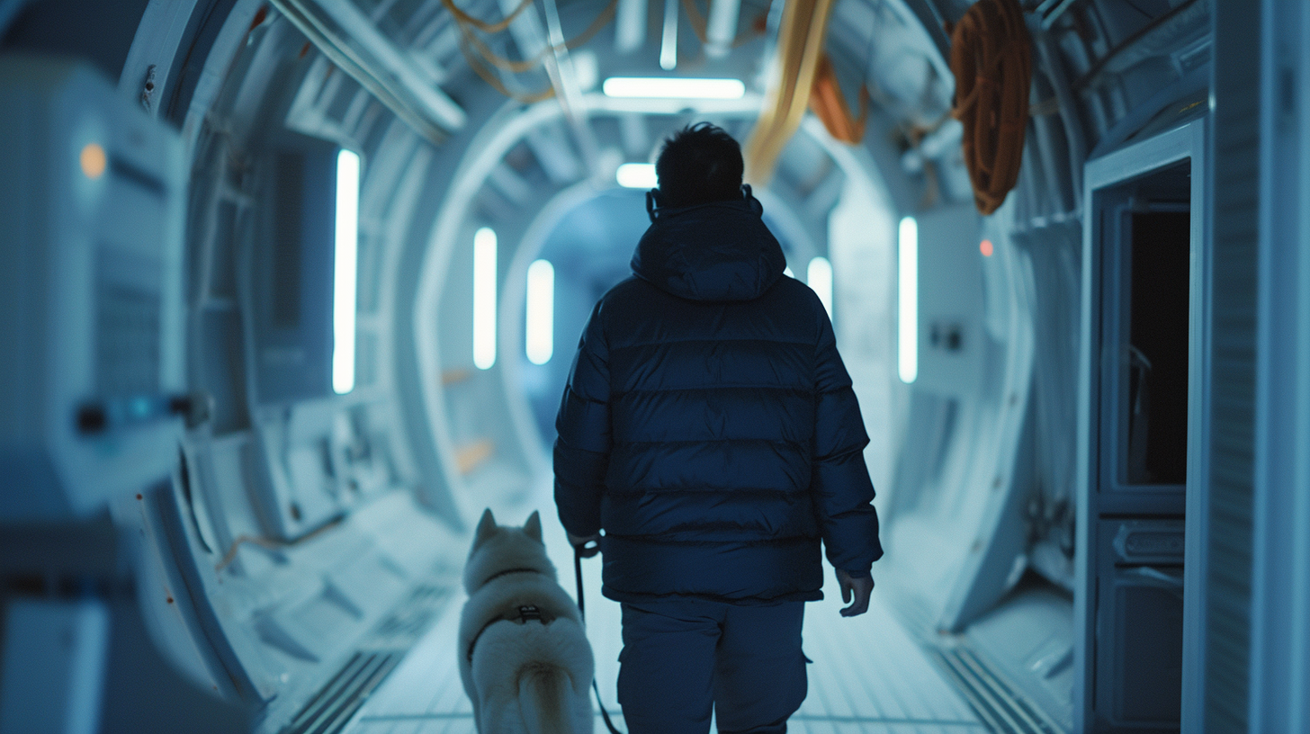 Man and White Shiba Inu Exiting Spaceship