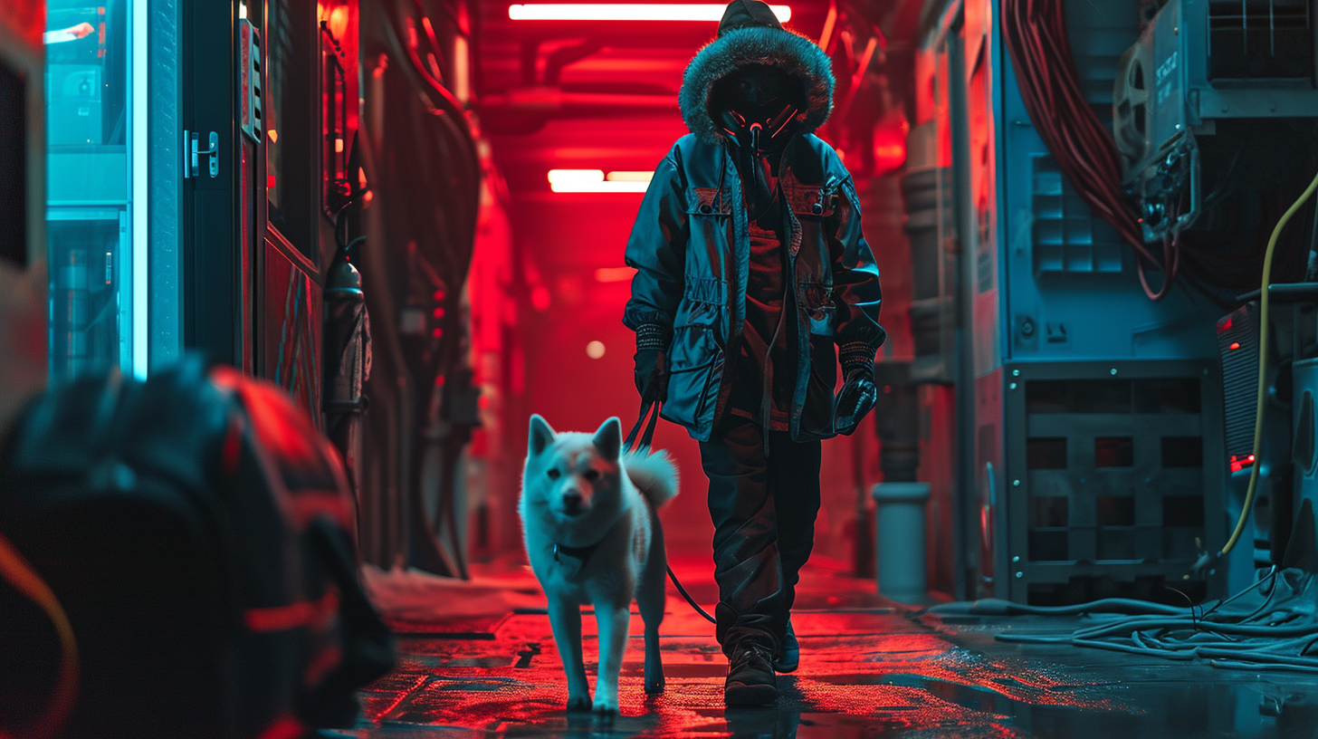 Man and White Shiba Inu in Spaceship