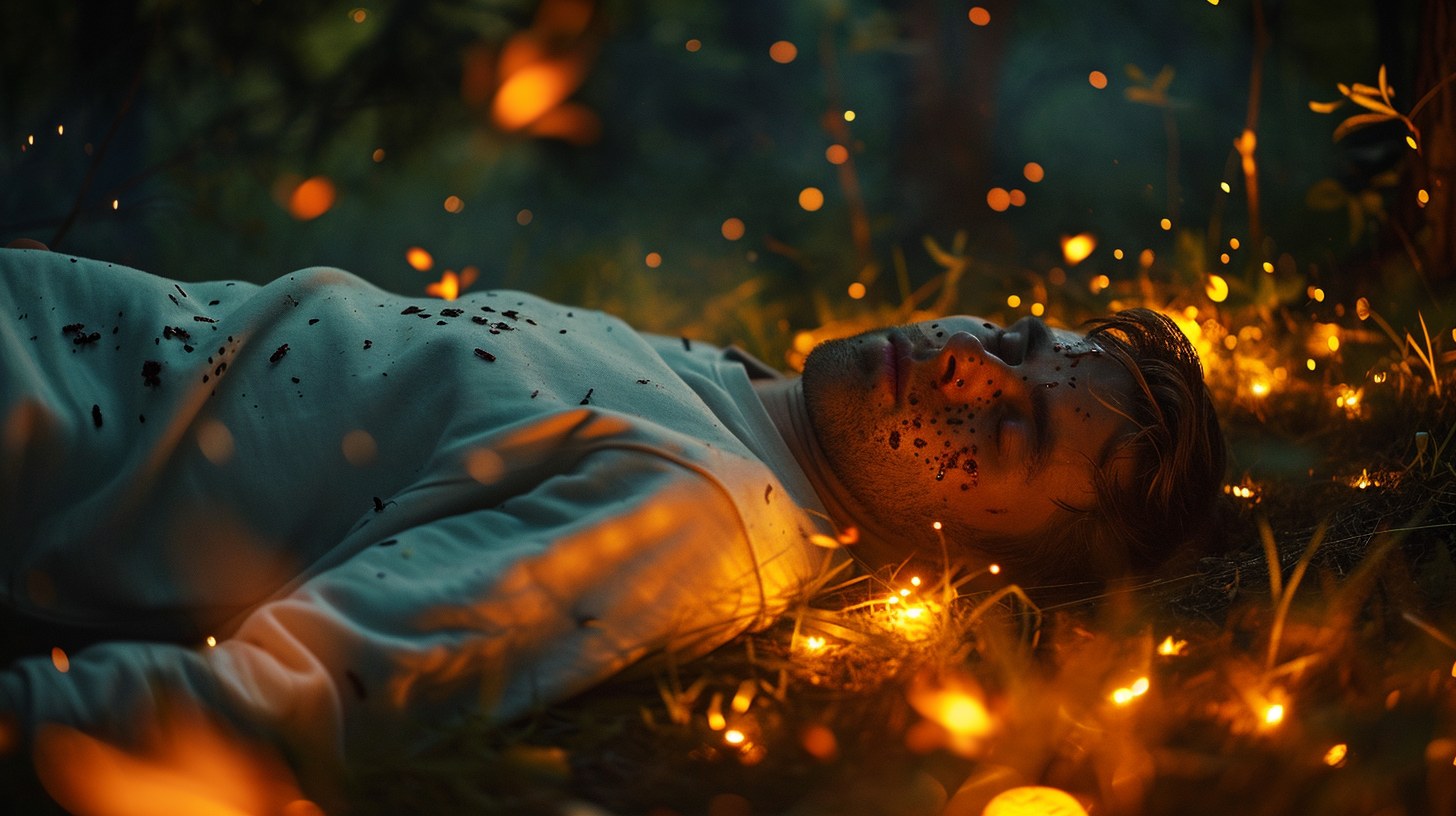 Man in White Sweatshirt with Mosquito Bites, Surrounded by Fires