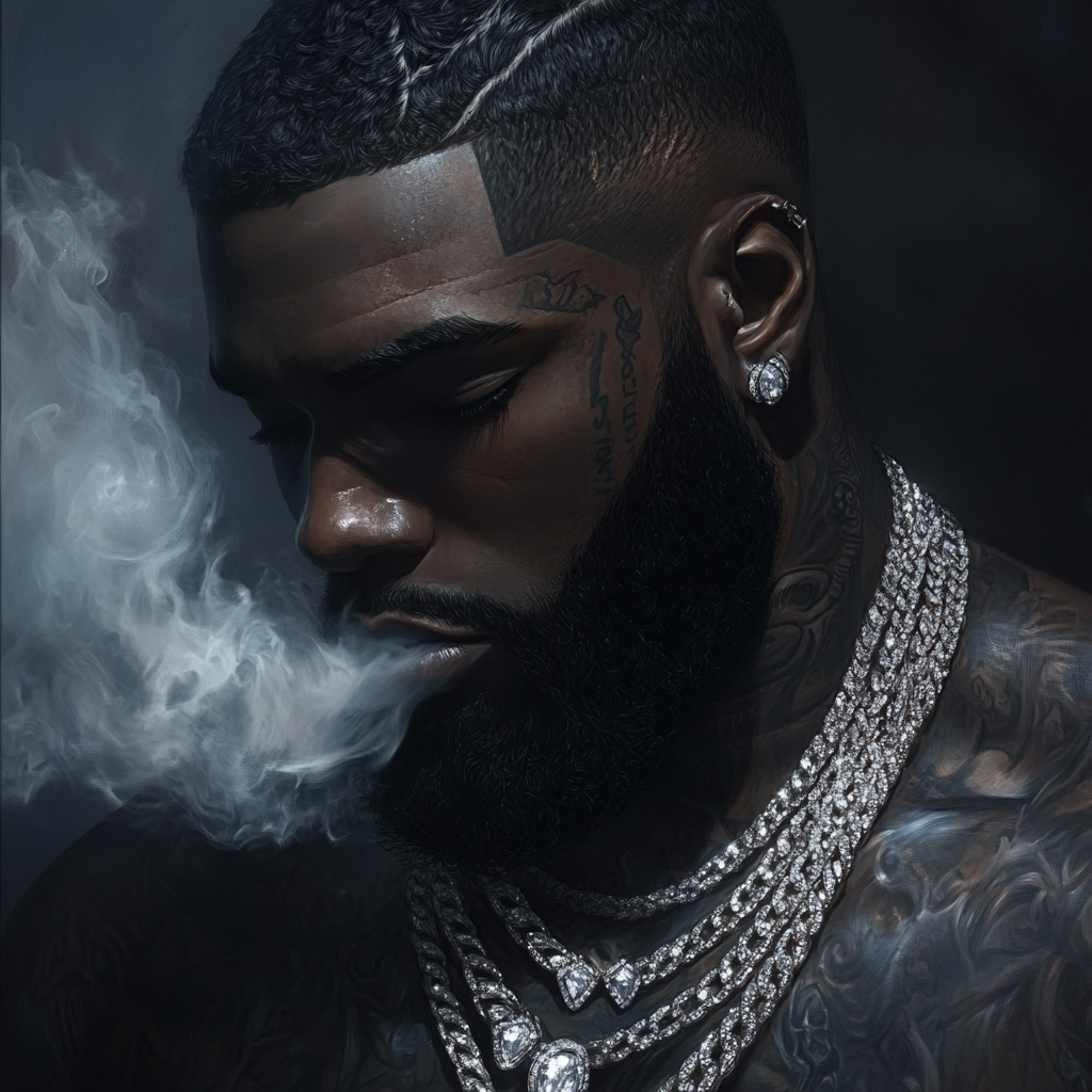 man with beard, chains, smoke, tattoos, dramatic lighting