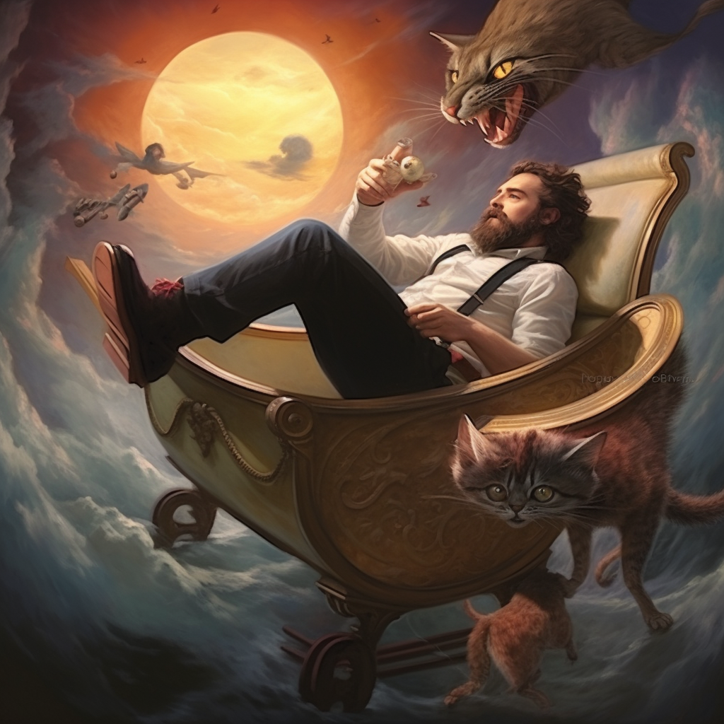 Man with Cat Ear flying on Clawfoot Bathtub