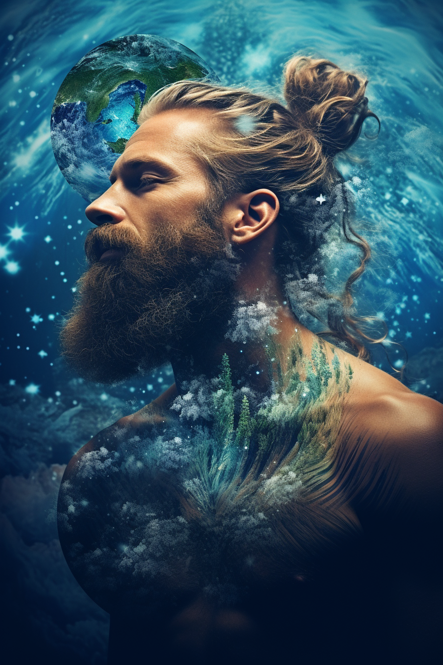 artistic double exposure of man with long beard and earth