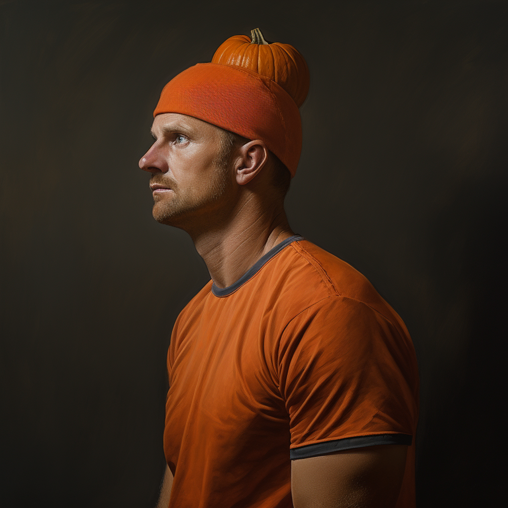 Man with Pumpkin on Head in Rugby Polo