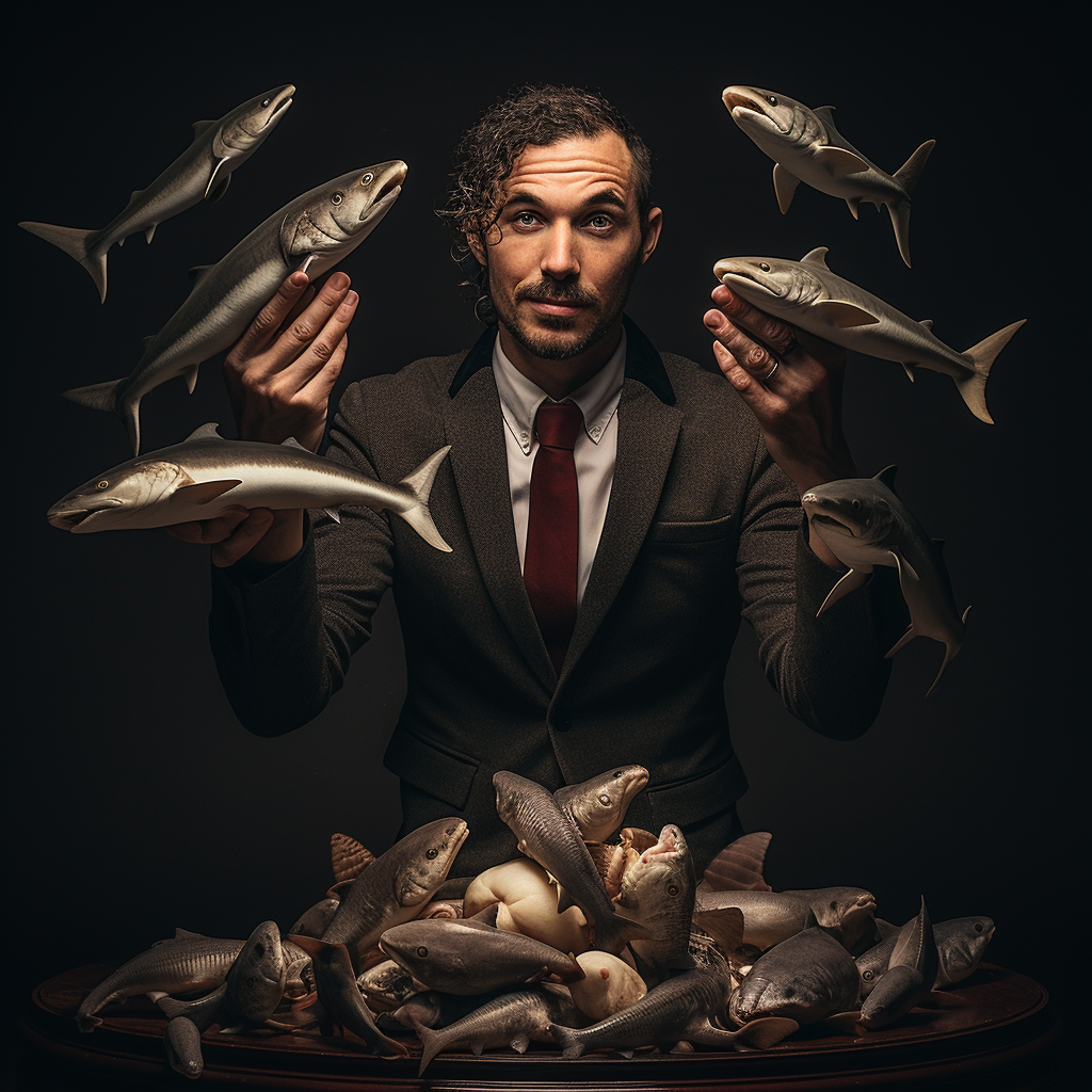 Man with sharks for hands