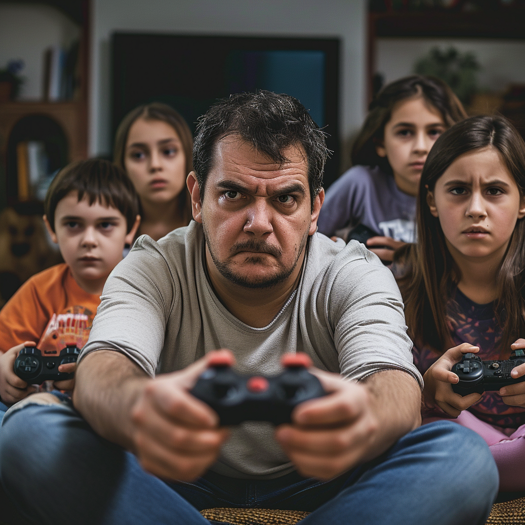 Angry man with family