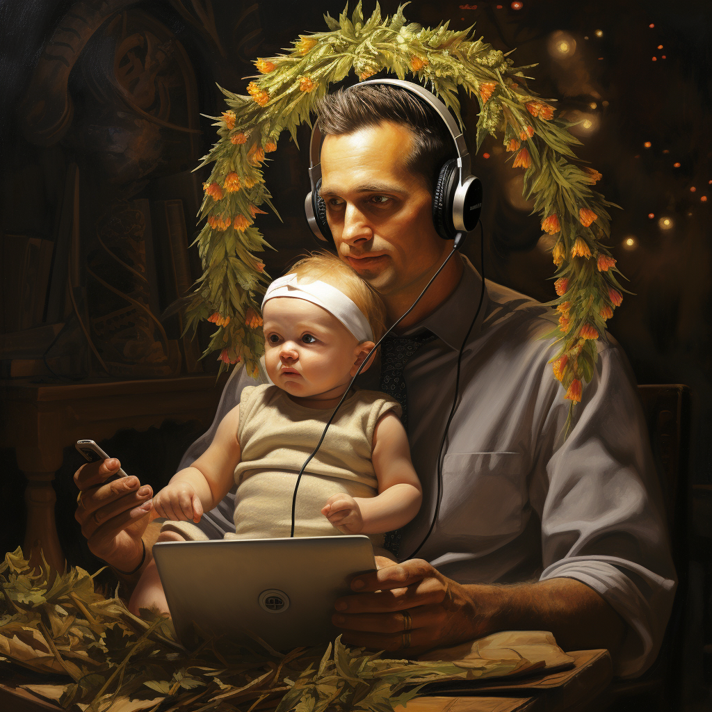 Man with Wheat Wreath and Laptop Holding Baby