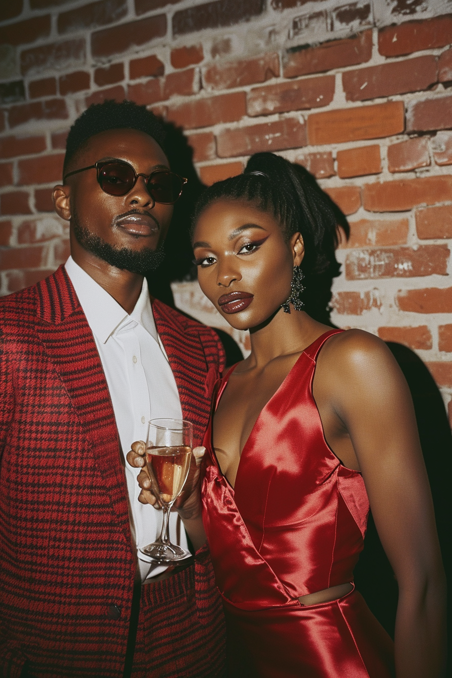 Couple Toasting Against Brick Wall