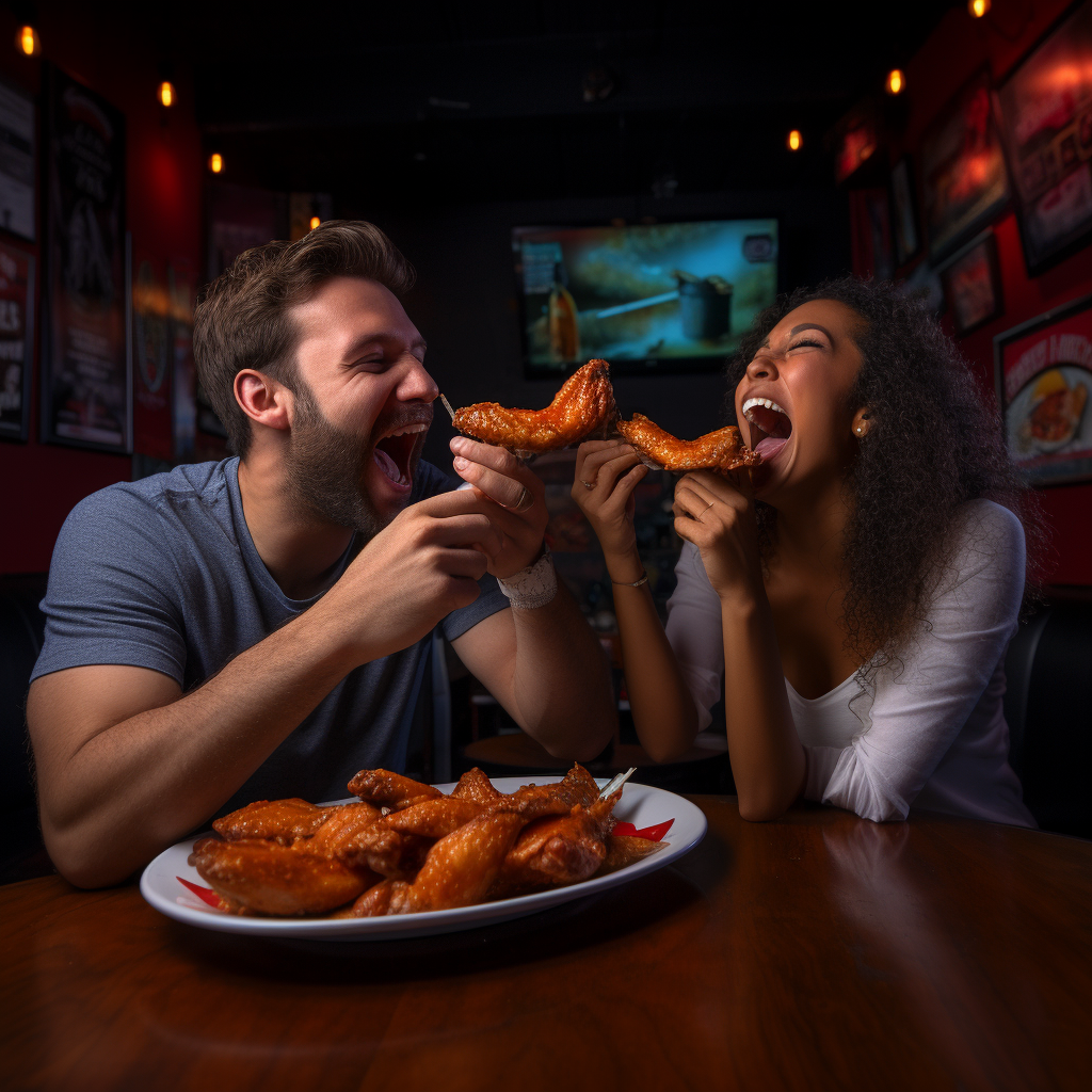 Man and woman enjoying buffalo chicken wings with ranch