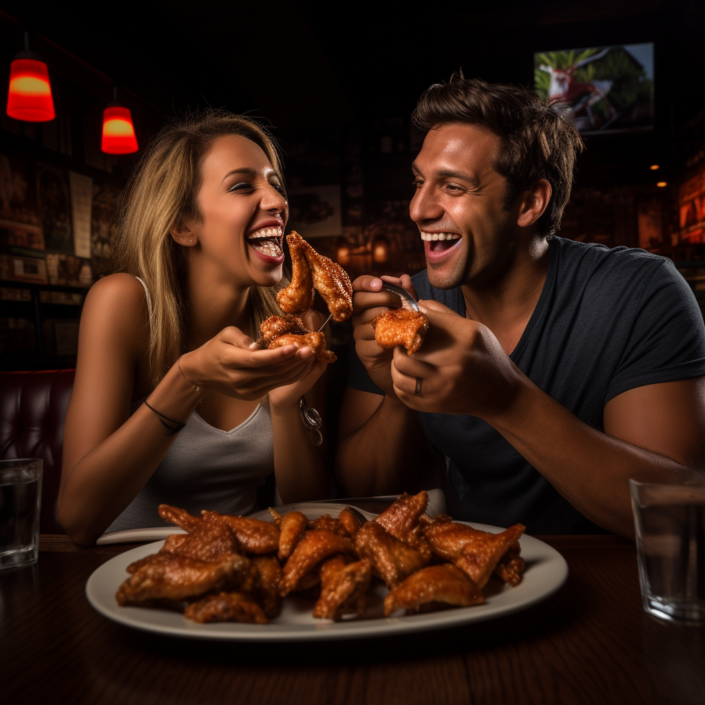 Couple enjoying saucy chicken wings