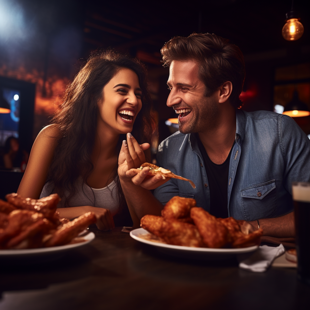 Couple enjoying saucy chicken wings