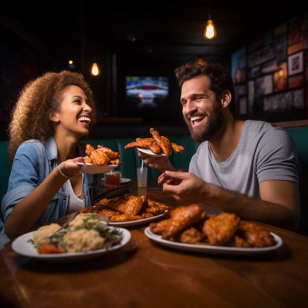 Man and woman enjoying saucy chicken wings