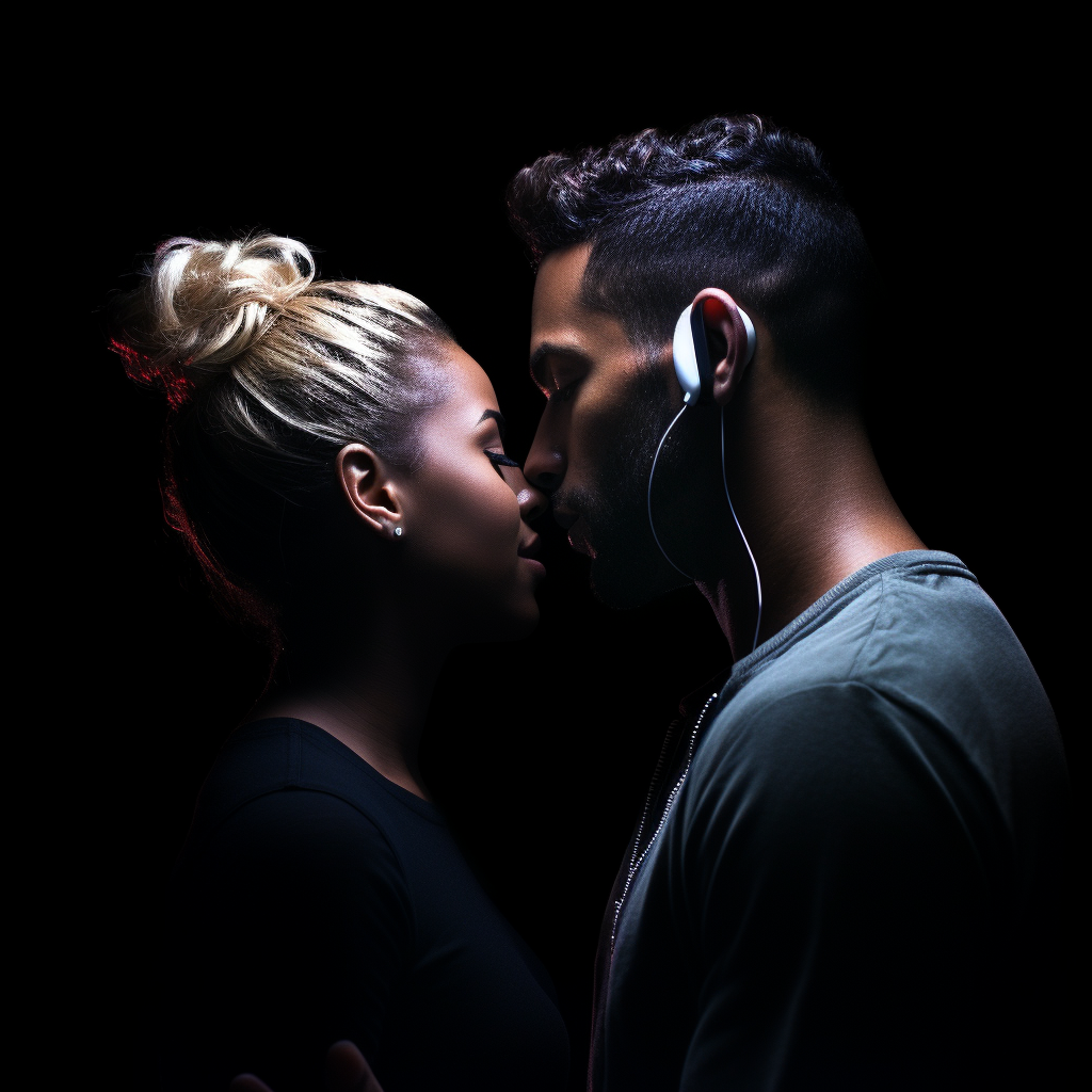 Happy couple in love posing with Airpods