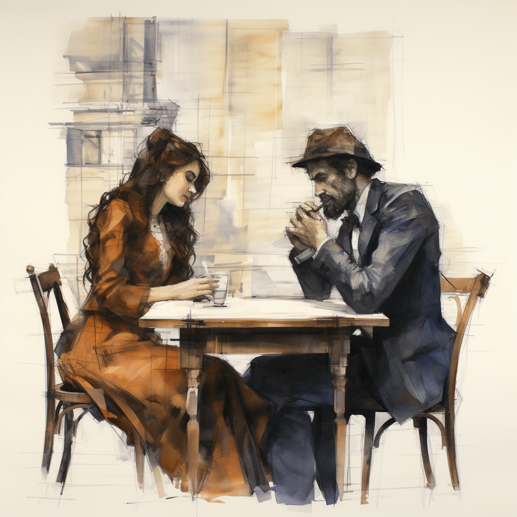 Sketch of man and woman at opposite ends of table