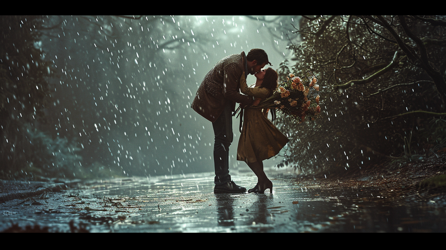 Couple sharing romantic rain kiss