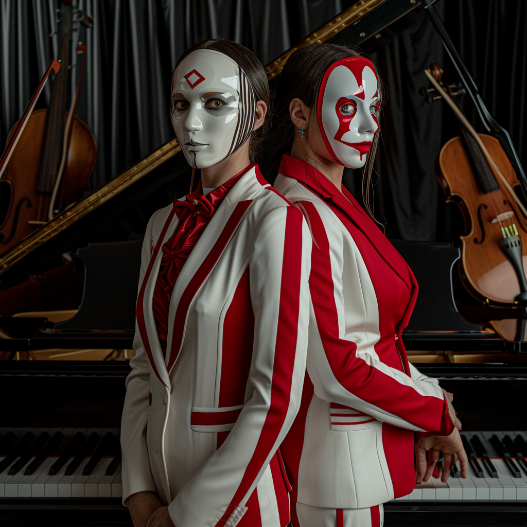 realistic man and woman with symbol mask in studio